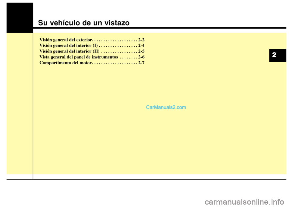 Hyundai Santa Fe 2013  Manual del propietario (in Spanish) Su vehículo de un vistazo
Visión general del exterior. . . . . . . . . . . . . . . . . . . . 2-2 
Visión general del interior (I) . . . . . . . . . . . . . . . . . 2-4
Visión general del interior 