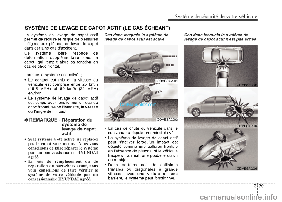 Hyundai Santa Fe 2013 Manuel du propriétaire (in French) 379
Système de sécurité de votre véhicule
Le système de levage de capot actif
permet de réduire le risque de blessures
infligées aux piétons, en levant le capot
dans certains cas daccident.
Hyundai Santa Fe 2013 Manuel du propriétaire (in French) 379
Système de sécurité de votre véhicule
Le système de levage de capot actif
permet de réduire le risque de blessures
infligées aux piétons, en levant le capot
dans certains cas daccident.