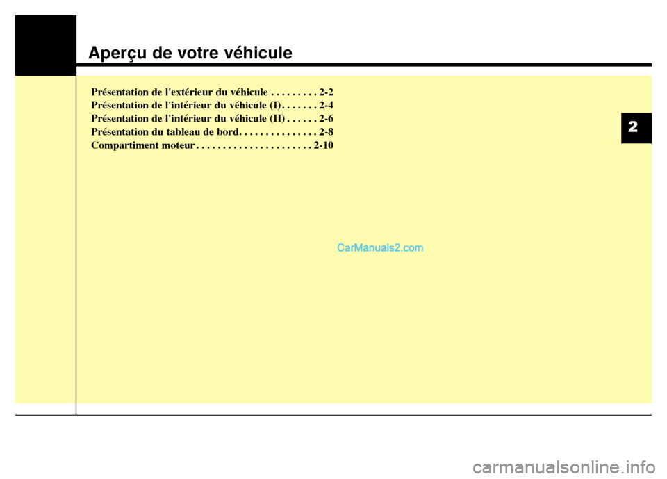 Hyundai Santa Fe 2013  Manuel du propriétaire (in French) Aperçu de votre véhicule
Présentation de lextérieur du véhicule . . . . . . . . . 2-2
Présentation de lintérieur du véhicule (I) . . . . . . . 2-4
Présentation de lintérieur du véhicule 
