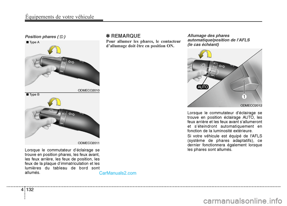 Hyundai Santa Fe 2013  Manuel du propriétaire (in French) Équipements de votre véhicule
132 4
Position phares ( )
Lorsque le commutateur d’éclairage se
trouve en position phares, les feux avant,
les feux arrière, les feux de position, les
feux de la pl