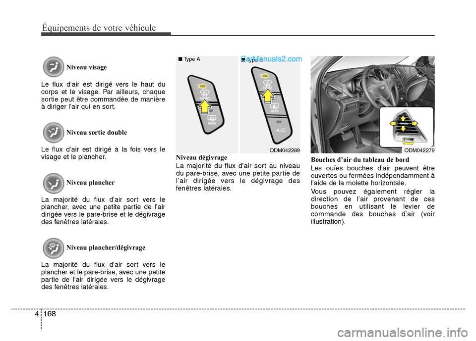 Hyundai Santa Fe 2013 Manuel du propriétaire (in French) 168 4
Équipements de votre véhicule
Niveau visage
Le flux d’air est dirigé vers le haut du
corps et le visage. Par ailleurs, chaque
sortie peut être commandée de manière
à diriger l’air qu Hyundai Santa Fe 2013 Manuel du propriétaire (in French) 168 4
Équipements de votre véhicule
Niveau visage
Le flux d’air est dirigé vers le haut du
corps et le visage. Par ailleurs, chaque
sortie peut être commandée de manière
à diriger l’air qu