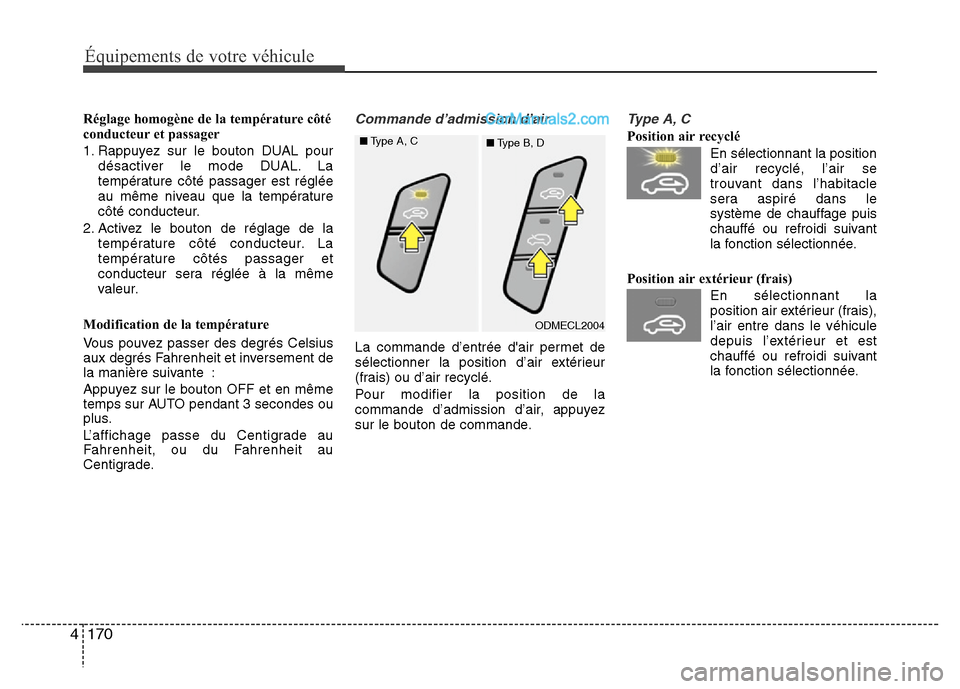 Hyundai Santa Fe 2013 Manuel du propriétaire (in French) 170 4
Équipements de votre véhicule
Réglage homogène de la température côté
conducteur et passager
1. Rappuyez sur le bouton DUAL pour
désactiver le mode DUAL. La
température côté passager Hyundai Santa Fe 2013 Manuel du propriétaire (in French) 170 4
Équipements de votre véhicule
Réglage homogène de la température côté
conducteur et passager
1. Rappuyez sur le bouton DUAL pour
désactiver le mode DUAL. La
température côté passager