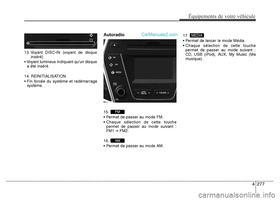 Hyundai Santa Fe 2013  Manuel du propriétaire (in French) 4277
Équipements de votre véhicule
13. Voyant DISC-IN (voyant de disque
inséré)
• Voyant lumineux indiquant quun disque
a été inséré.
14. REINITIALISATION
• Fin forcée du système et red