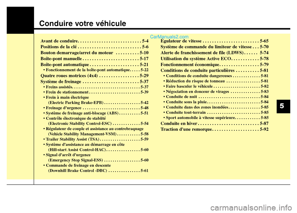 Hyundai Santa Fe 2013 Manuel du propriétaire (in French) Conduire votre véhicule
Avant de conduire. . . . . . . . . . . . . . . . . . . . . . . . . . . 5-4
Positions de la clé . . . . . . . . . . . . . . . . . . . . . . . . . . . 5-6
Bouton demarrage/arr Hyundai Santa Fe 2013 Manuel du propriétaire (in French) Conduire votre véhicule
Avant de conduire. . . . . . . . . . . . . . . . . . . . . . . . . . . 5-4
Positions de la clé . . . . . . . . . . . . . . . . . . . . . . . . . . . 5-6
Bouton demarrage/arr