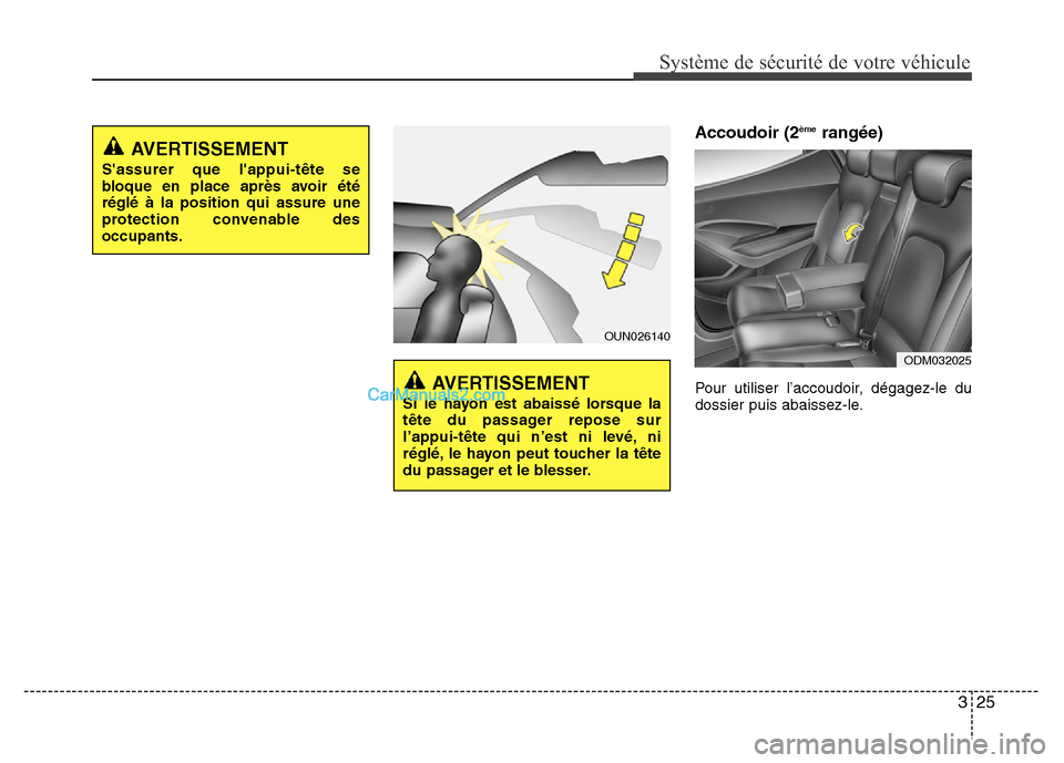 Hyundai Santa Fe 2013  Manuel du propriétaire (in French) 325
Système de sécurité de votre véhicule 
Accoudoir (2èmerangée)
Pour utiliser l’accoudoir, dégagez-le du
dossier puis abaissez-le.
ODM032025
OUN026140
AVERTISSEMENT
Si le hayon est abaissé