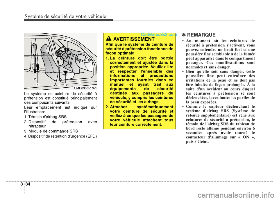 Hyundai Santa Fe 2013 Manuel du propriétaire (in French) Système de sécurité de votre véhicule
34 3
Le système de ceinture de sécurité à
prétension est constitué principalement
des composants suivants.
Leur emplacement est indiqué sur
lillustra Hyundai Santa Fe 2013 Manuel du propriétaire (in French) Système de sécurité de votre véhicule
34 3
Le système de ceinture de sécurité à
prétension est constitué principalement
des composants suivants.
Leur emplacement est indiqué sur
lillustra