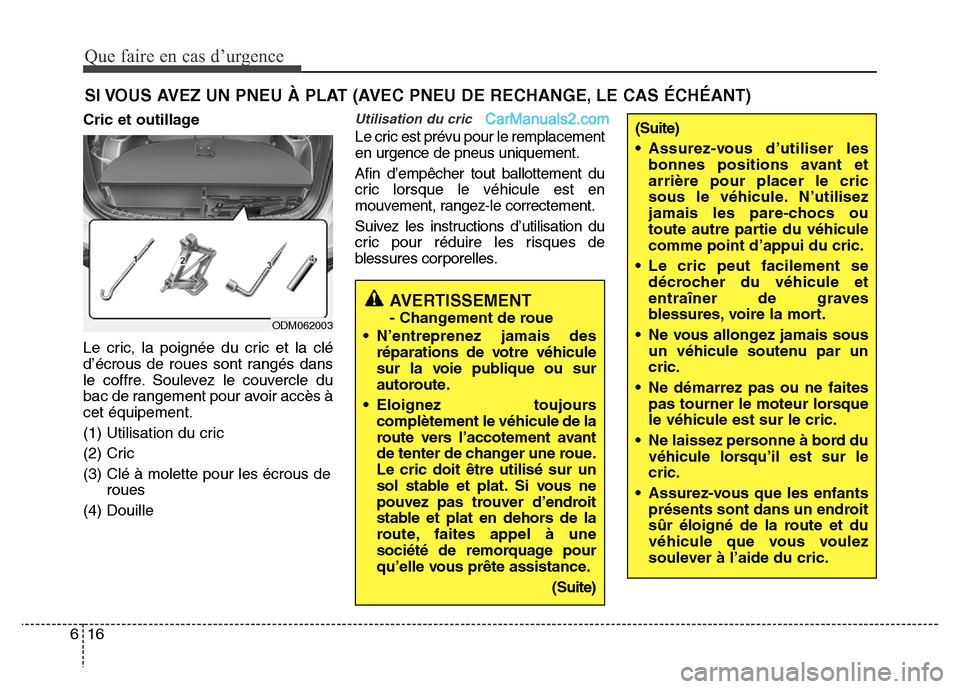 Hyundai Santa Fe 2013 Manuel du propriétaire (in French) Que faire en cas d’urgence
16 6
SI VOUS AVEZ UN PNEU À PLAT (AVEC PNEU DE RECHANGE, LE CAS ÉCHÉANT)
Cric et outillage
Le cric, la poignée du cric et la clé
d’écrous de roues sont rangés dan Hyundai Santa Fe 2013 Manuel du propriétaire (in French) Que faire en cas d’urgence
16 6
SI VOUS AVEZ UN PNEU À PLAT (AVEC PNEU DE RECHANGE, LE CAS ÉCHÉANT)
Cric et outillage
Le cric, la poignée du cric et la clé
d’écrous de roues sont rangés dan