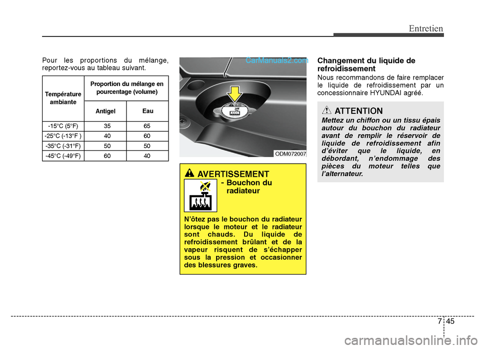 Hyundai Santa Fe 2013  Manuel du propriétaire (in French) 745
Entretien
Pour les proportions du mélange,
reportez-vous au tableau suivant.Changement du liquide de
refroidissement
Nous recommandons de faire remplacer
le liquide de refroidissement par un
conc