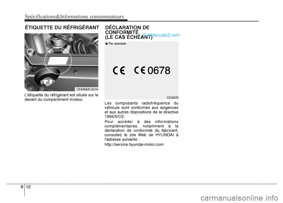 Hyundai Santa Fe 2013  Manuel du propriétaire (in French) Létiquette du réfrigérant est située sur le
devant du compartiment moteur.
Les composants radiofréquence du
véhicule sont conformes aux exigences
et aux autres dispositions de la directive
1995