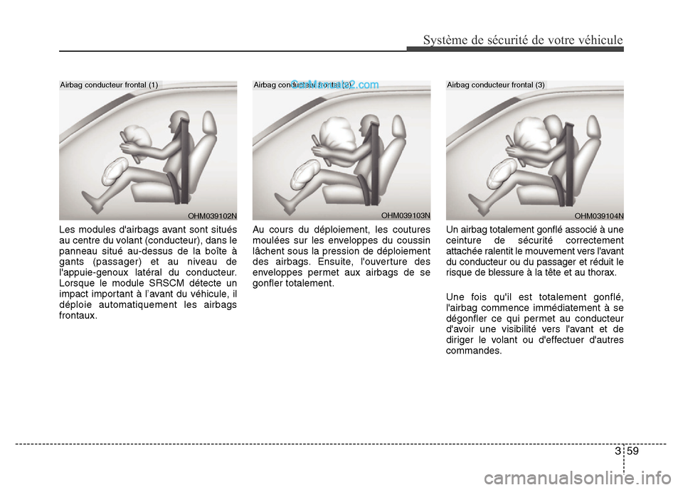 Hyundai Santa Fe 2013 Manuel du propriétaire (in French) 359
Système de sécurité de votre véhicule
Les modules dairbags avant sont situés
au centre du volant (conducteur), dans le
panneau situé au-dessus de la boîte à
gants (passager) et au niveau Hyundai Santa Fe 2013 Manuel du propriétaire (in French) 359
Système de sécurité de votre véhicule
Les modules dairbags avant sont situés
au centre du volant (conducteur), dans le
panneau situé au-dessus de la boîte à
gants (passager) et au niveau