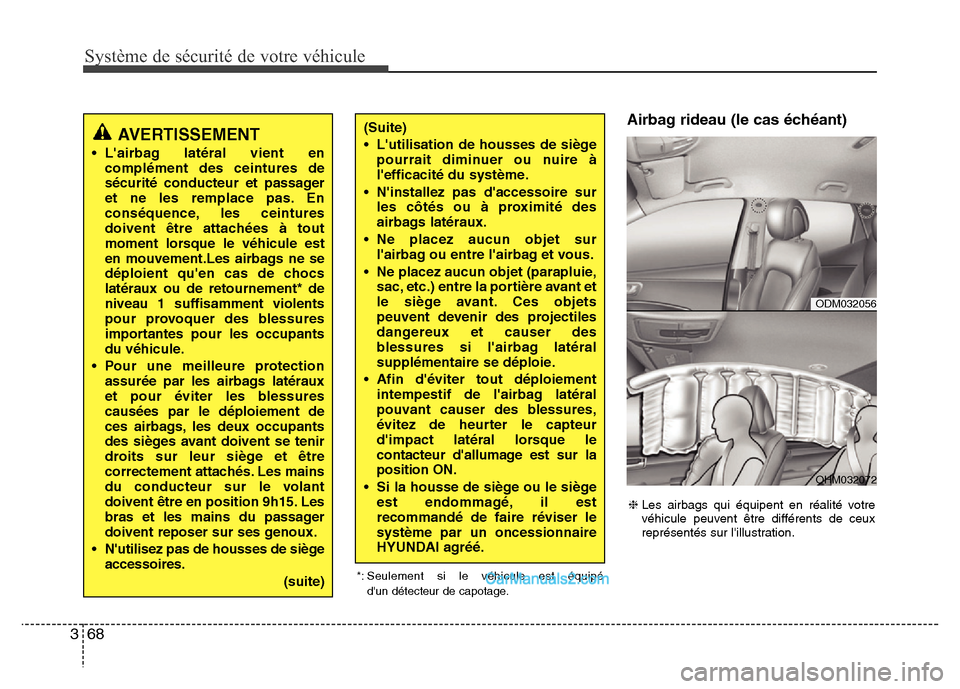 Hyundai Santa Fe 2013 Manuel du propriétaire (in French) Système de sécurité de votre véhicule
68 3
Airbag rideau (le cas échéant)
AVERTISSEMENT
• Lairbag latéral vient en
complément des ceintures de
sécurité conducteur et passager
et ne les r Hyundai Santa Fe 2013 Manuel du propriétaire (in French) Système de sécurité de votre véhicule
68 3
Airbag rideau (le cas échéant)
AVERTISSEMENT
• Lairbag latéral vient en
complément des ceintures de
sécurité conducteur et passager
et ne les r