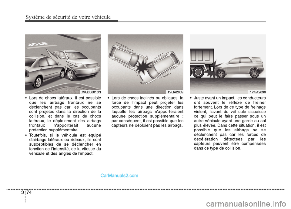 Hyundai Santa Fe 2013 Manuel du propriétaire (in French) Système de sécurité de votre véhicule
74 3
• Lors de chocs latéraux, il est possible
que les airbags frontaux ne se
déclenchent pas car les occupants
sont projetés dans la direction de la
co Hyundai Santa Fe 2013 Manuel du propriétaire (in French) Système de sécurité de votre véhicule
74 3
• Lors de chocs latéraux, il est possible
que les airbags frontaux ne se
déclenchent pas car les occupants
sont projetés dans la direction de la
co
