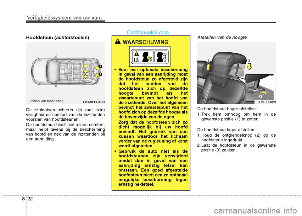 Hyundai Santa Fe 2013  Handleiding (in Dutch) Veiligheidssysteem van uw auto
22
3
Hoofdsteun (achterstoelen) 
De zitplaatsen achterin zijn voor extra 
veiligheid en comfort van de inzittenden
voorzien van hoofdsteunen. 
De hoofdsteun biedt niet a