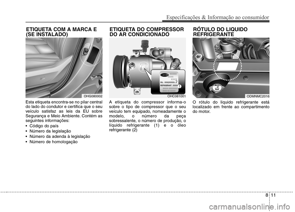 Hyundai Santa Fe 2013  Manual do proprietário (in Portuguese) 811
Especificações & Informação ao consumidor
Esta etiqueta encontra-se no pilar central 
do lado do condutor e certifica que o seu
veículo satisfaz as leis da EU sobre
Segurança e Meio Ambiente