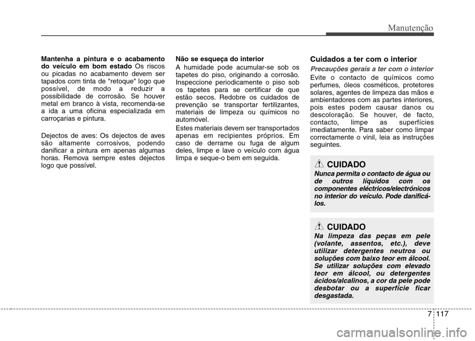 Hyundai Santa Fe 2013  Manual do proprietário (in Portuguese) 7117
Manutenção
Mantenha a pintura e o acabamento do veículo em bom estado Os riscos
ou picadas no acabamento devem sertapados com tinta de "retoque" logo que
possível, de modo a reduzir a
possibi