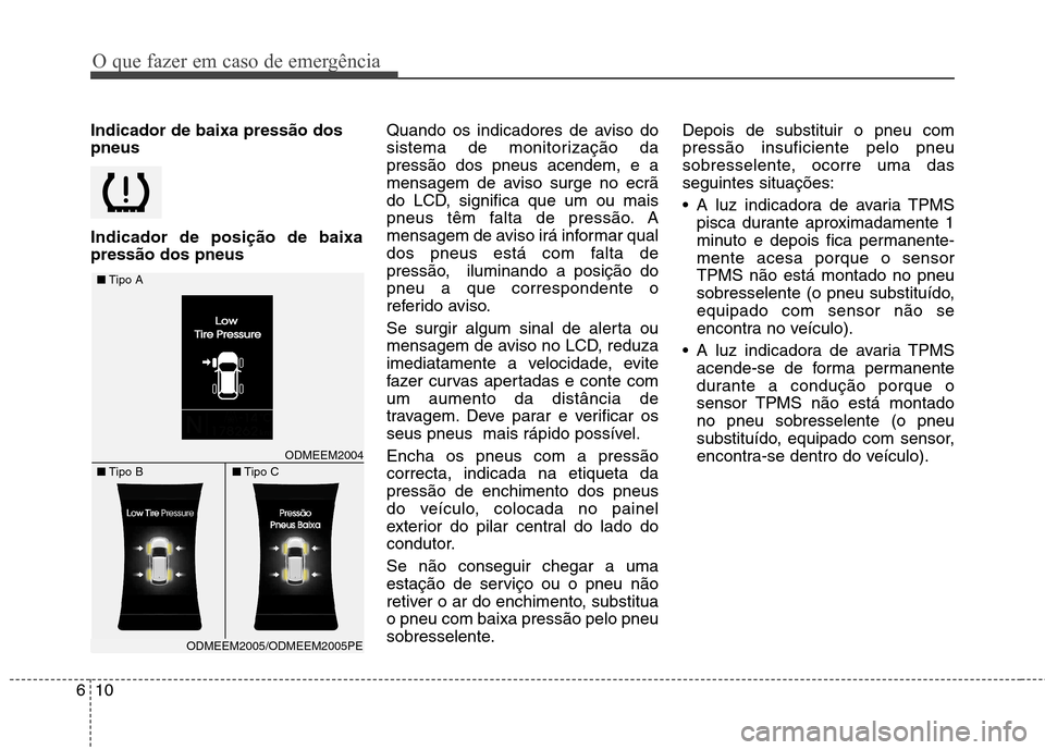 Hyundai Santa Fe 2013  Manual do proprietário (in Portuguese) O que fazer em caso de emergência
10
6
Indicador de baixa pressão dos pneus Indicador de posição de baixa pressão dos pneus Quando os indicadores de aviso do
sistema de monitorização dapressão