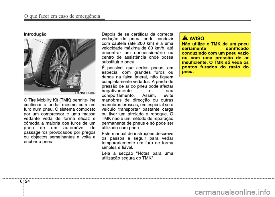 Hyundai Santa Fe 2013  Manual do proprietário (in Portuguese) O que fazer em caso de emergência
24
6
Introdução 
O Tire Mobility Kit (TMK) permite- lhe 
contin uar a andar mesmo com um
furo num pneu. O sistema compostopor um compressor e uma massa
vedante ved