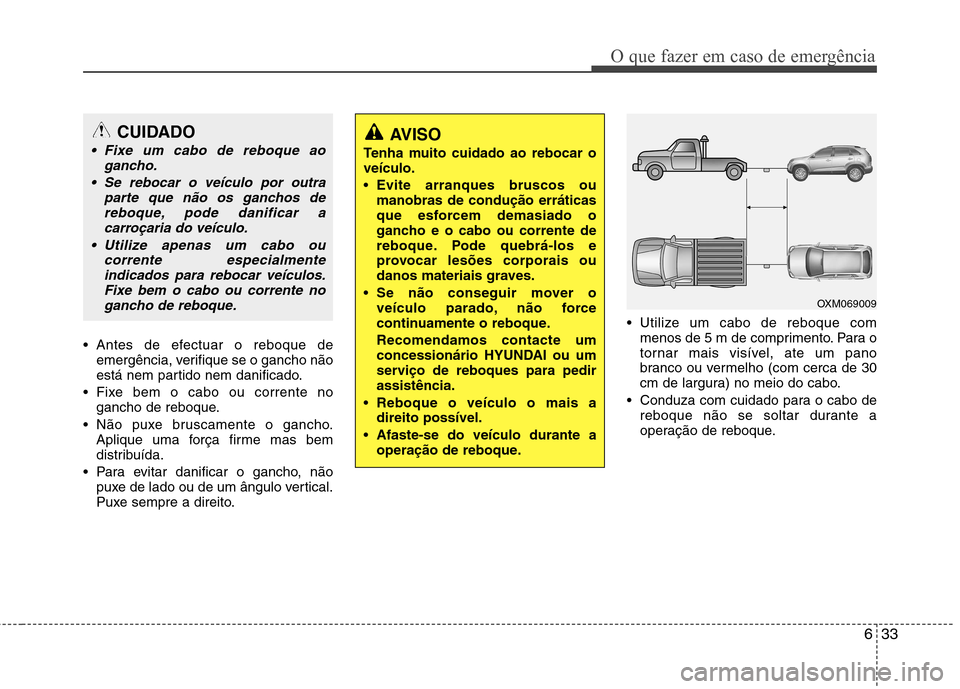 Hyundai Santa Fe 2013  Manual do proprietário (in Portuguese) 633
O que fazer em caso de emergência
 Antes de efectuar o reboque deemergência, verifique se o gancho não 
está nem partido nem danificado.
 Fixe bem o cabo ou corrente no gancho de reboque.
 Nã