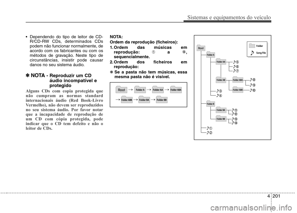 Hyundai Santa Fe 2013  Manual do proprietário (in Portuguese) 4201
Sistemas e equipamentos do veículo
 Dependendo do tipo de leitor de CD-R/CD-RW CDs, determinados CDs 
podem não funcionar normalmente, de
acordo com os fabricantes ou com os
métodos de gravaç