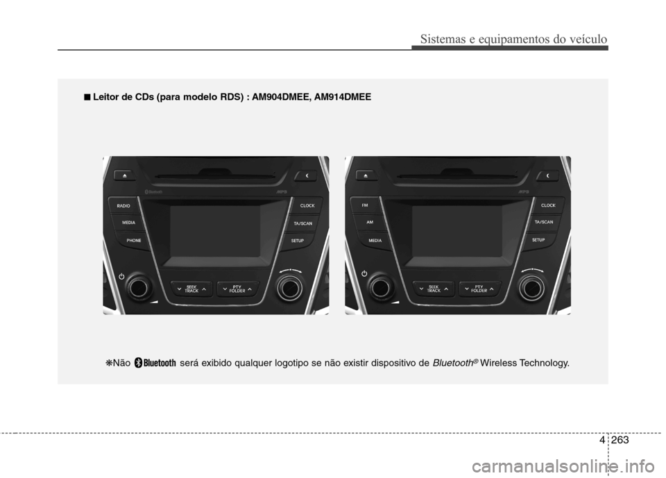 Hyundai Santa Fe 2013  Manual do proprietário (in Portuguese) 4263
Sistemas e equipamentos do veículo
■■  
Leitor de CDs  (para modelo RDS) : AM904DMEE, AM914DMEE
❋ Não  será exibido qualquer logotipo se não existir dispositivo de 
Bluetooth®Wireless 