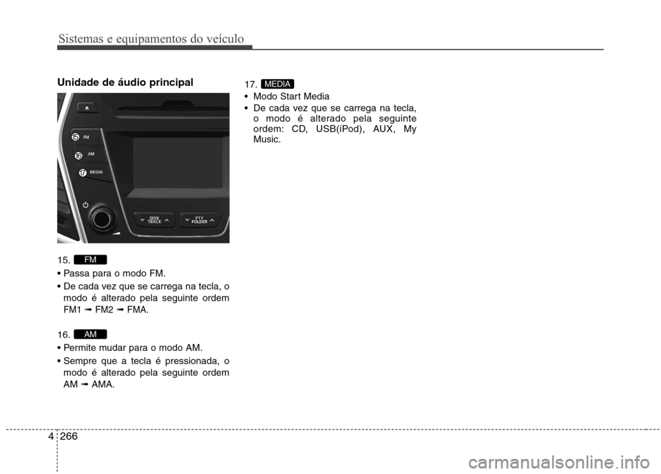 Hyundai Santa Fe 2013  Manual do proprietário (in Portuguese) Sistemas e equipamentos do veículo
266
4
Unidade de áudio principal   15. 


modo é alterado pela seguinte ordem
FM1 ➟ FM2➟ FMA.
16.

modo é alterado pela seguinte ordem AM  ➟AMA. 17. 
 Modo