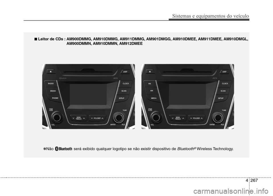 Hyundai Santa Fe 2013  Manual do proprietário (in Portuguese) 4267
Sistemas e equipamentos do veículo
■■  
Leitor de CDs : AM900DMMG, AM910DMMG, AM911DMMG, AM901DMGG, AM910DMEE, AM911DMEE, AM910DMGL,
AM900DMMN, AM910DMMN, AM912DMEE
❋ Não  será exibido q