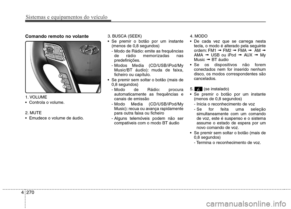 Hyundai Santa Fe 2013  Manual do proprietário (in Portuguese) Sistemas e equipamentos do veículo
270
4
Comando remoto no volante 
1. VOLUME 
 Controla o volume. 
2. MUTE 
 Emudece o volume de áudio. 3. BUSCA (SEEK)
 Se premir o botão por um instante
(menos de