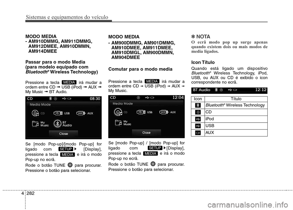 Hyundai Santa Fe 2013 Manual do proprietário (in Portuguese) Sistemas e equipamentos do veículo
282
4
MODO MEDIA
- AM910DMMG, AM911DMMG,
AM912DMEE, AM910DMMN,AM914DMEE
Passar para o modo Media(para modelo equipado com
Bluetooth ®Wireless Technology)
Pressio Hyundai Santa Fe 2013 Manual do proprietário (in Portuguese) Sistemas e equipamentos do veículo
282
4
MODO MEDIA
- AM910DMMG, AM911DMMG,
AM912DMEE, AM910DMMN,AM914DMEE
Passar para o modo Media(para modelo equipado com
Bluetooth ®Wireless Technology)
Pressio