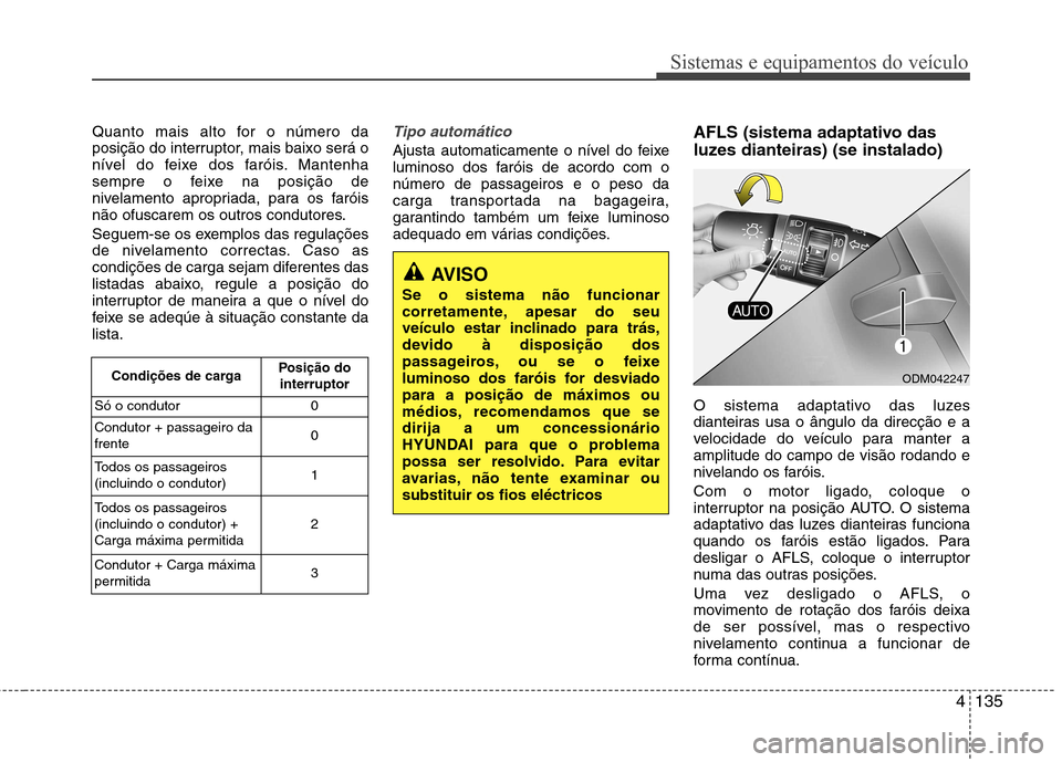 Hyundai Santa Fe 2013 Manual do proprietário (in Portuguese) 4135
Sistemas e equipamentos do veículo
Quanto mais alto for o número da
posição do interruptor, mais baixo será o
nível do feixe dos faróis. Mantenha
sempre o feixe na posição de
nivelament Hyundai Santa Fe 2013 Manual do proprietário (in Portuguese) 4135
Sistemas e equipamentos do veículo
Quanto mais alto for o número da
posição do interruptor, mais baixo será o
nível do feixe dos faróis. Mantenha
sempre o feixe na posição de
nivelament
