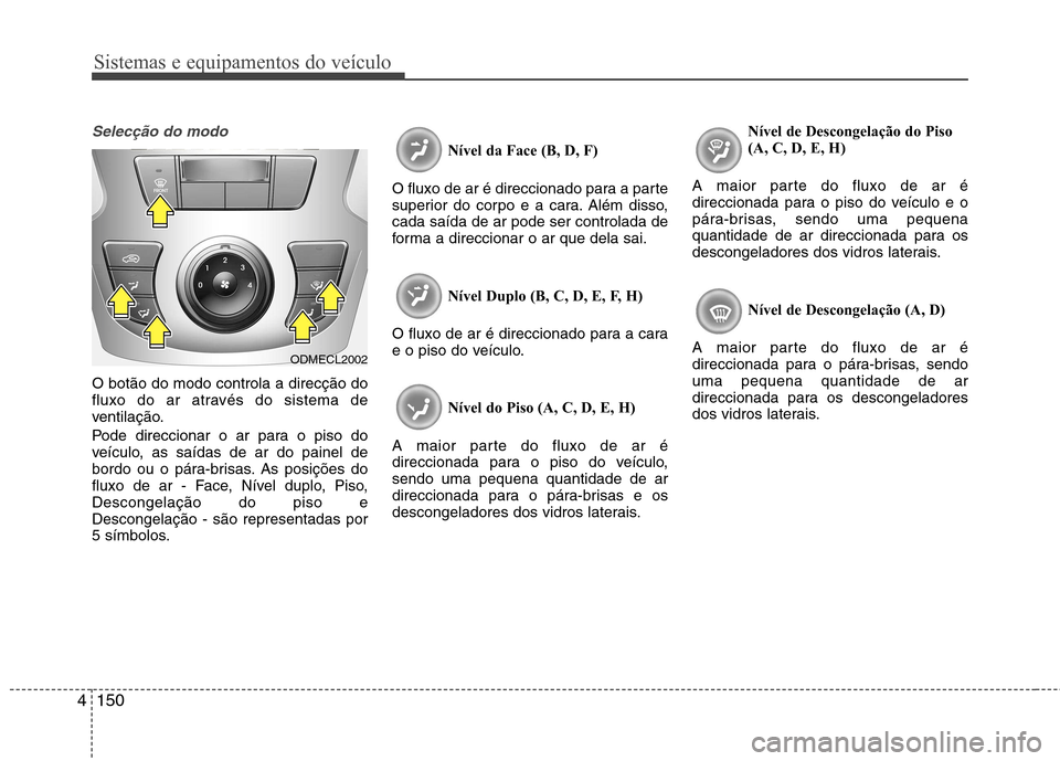 Hyundai Santa Fe 2013 Manual do proprietário (in Portuguese) Sistemas e equipamentos do veículo
150
4
Selecção do modo
O botão do modo controla a direcção do
fluxo do ar através do sistema de
ventilação.
Pode direccionar o ar para o piso do
veículo Hyundai Santa Fe 2013 Manual do proprietário (in Portuguese) Sistemas e equipamentos do veículo
150
4
Selecção do modo
O botão do modo controla a direcção do
fluxo do ar através do sistema de
ventilação.
Pode direccionar o ar para o piso do
veículo