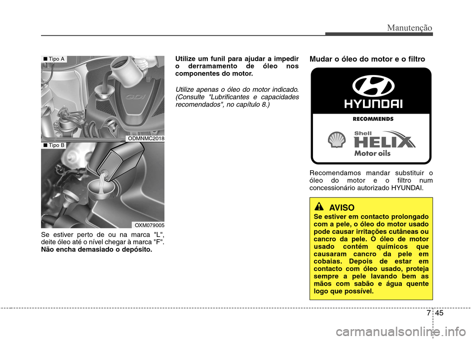 Hyundai Santa Fe 2013  Manual do proprietário (in Portuguese) 745
Manutenção
Se estiver perto de ou na marca "L", 
deite óleo até o nível chegar à marca "F".
Não encha demasiado o depósito.Utilize um funil para ajudar a impediro derramamento de óleo nos