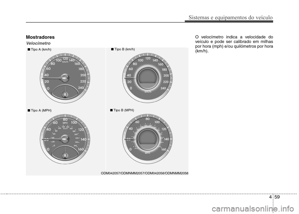 Hyundai Santa Fe 2013  Manual do proprietário (in Portuguese) 459
Sistemas e equipamentos do veículo
Mostradores
Velocímetro
O velocímetro indica a velocidade do 
veículo e pode ser calibrado em milhas
por hora (mph) e/ou quilómetros por hora(km/h).
ODM0420