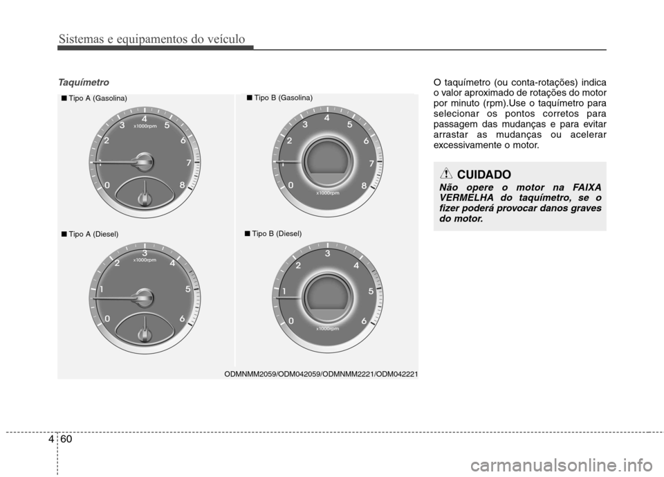 Hyundai Santa Fe 2013  Manual do proprietário (in Portuguese) Sistemas e equipamentos do veículo
60
4
TaquímetroO taquímetro (ou conta-rotações) indica 
o valor aproximado de rotações do motor
por minuto (rpm).Use o taquímetro para
selecionar os pontos c