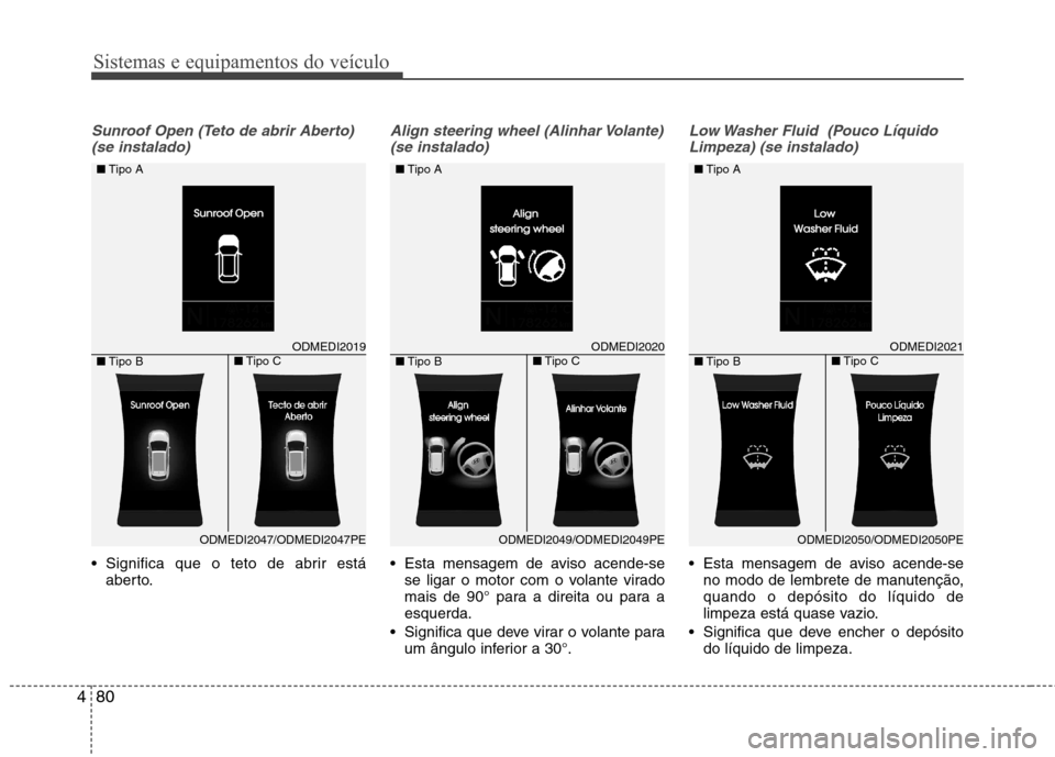 Hyundai Santa Fe 2013  Manual do proprietário (in Portuguese) Sistemas e equipamentos do veículo
80
4
Sunroof Open (Teto de abrir Aberto)
(se instalado)
 Significa que o teto de abrir está aberto.
Align steering wheel (Alinhar Volante)
(se instalado)
 Esta men
