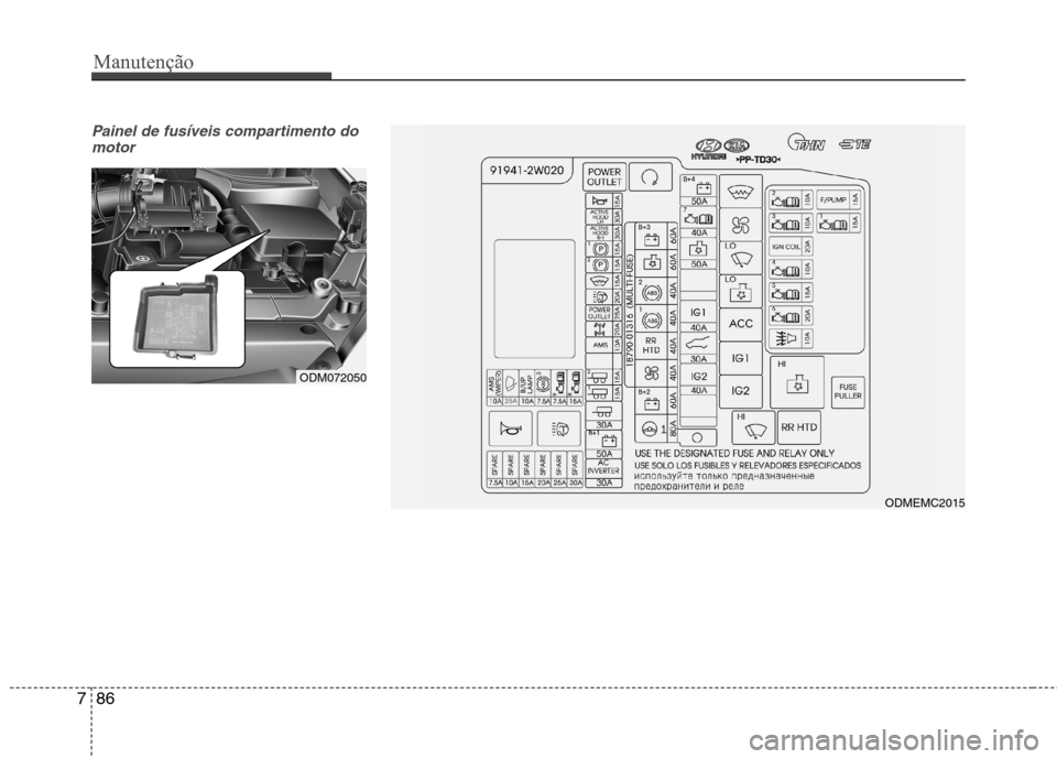 Hyundai Santa Fe 2013  Manual do proprietário (in Portuguese) Manutenção
86
7
Painel de fusíveis compartimento do
motor
ODM072050
ODMEMC2015   