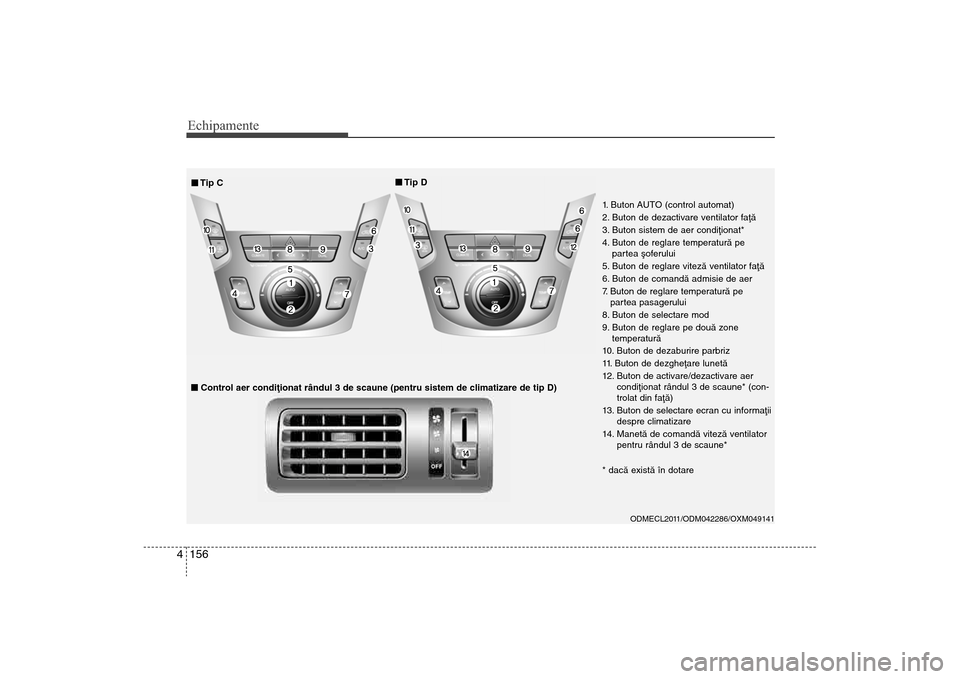 Hyundai Santa Fe 2013  Manualul de utilizare (in Romanian) Echipamente156
4
ODMECL2011/ODM042286/OXM049141 
1. Buton AUTO (control automat)
2. Buton de dezactivare ventilator faþã
3. Buton sistem de aer condiþionat*
4. Buton de reglare temperaturã pe
part