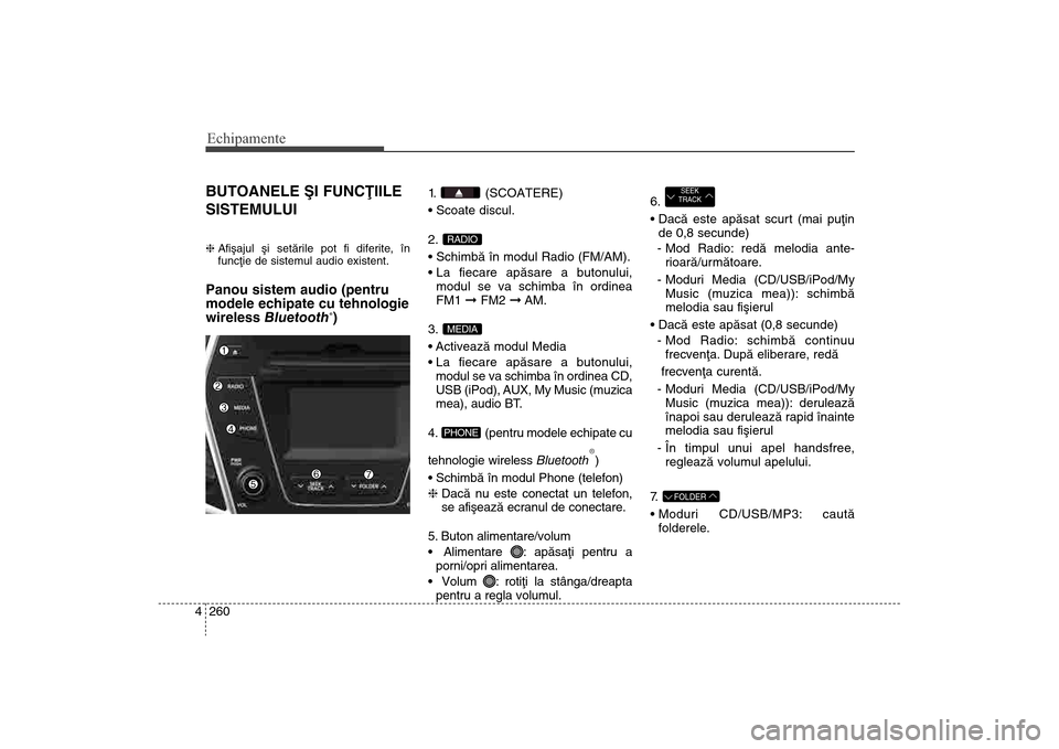 Hyundai Santa Fe 2013  Manualul de utilizare (in Romanian) Echipamente260
4BUTOANELE ªI FUNCÞIILE
SISTEMULUIh  Afiºajul ºi setãrile pot fi diferite, în
funcþie de sistemul audio existent.Panou sistem audio (pentru
modele echipate cu tehnologie
wireless