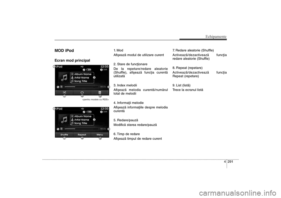 Hyundai Santa Fe 2013  Manualul de utilizare (in Romanian) 4 291
Echipamente
MOD iPodEcran mod principal
<pentru modele cu RDS>
1.  M o d
Afiºeazã modul de utilizare curent
2. Stare de funcþionare
De la repetare/redare aleatorie
(Shuffle), afiºeazã func