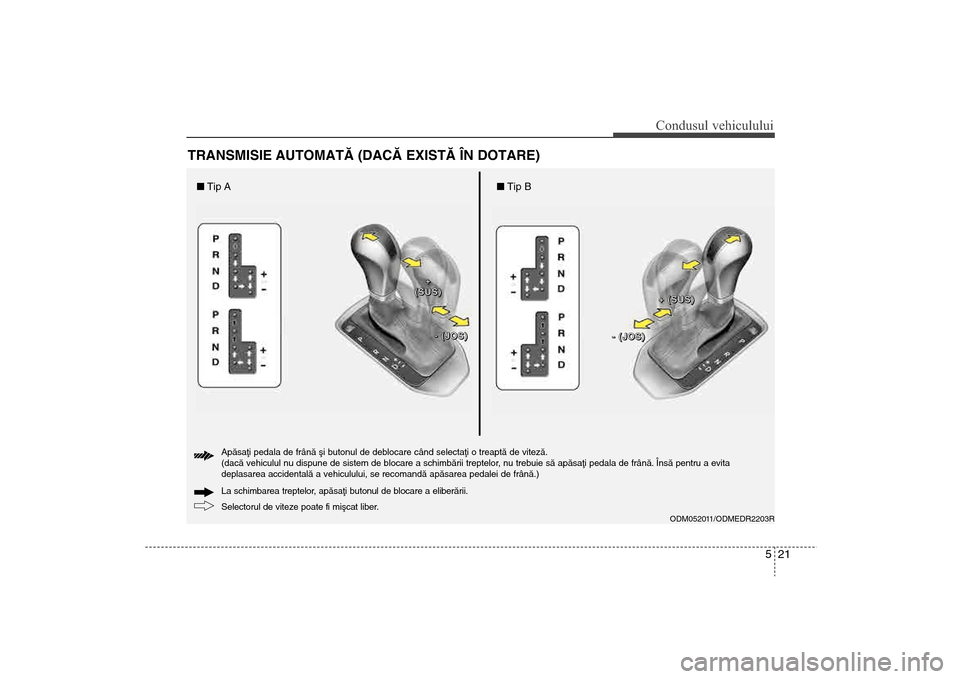 Hyundai Santa Fe 2013  Manualul de utilizare (in Romanian) 521
Condusul vehiculului
TRANSMISIE AUTOMATÃ (DACÃ EXISTÃ ÎN DOTARE)
ODM052011/ODMEDR2203R
Selectorul de viteze poate fi miºcat liber. La schimbarea treptelor, apãsaþi butonul de blocare a elib
