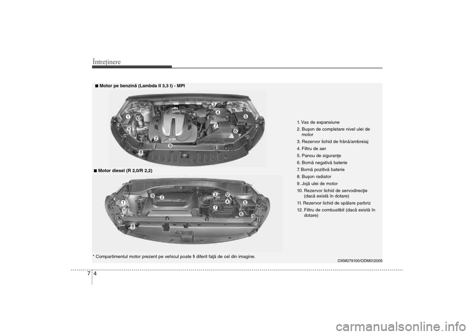 Hyundai Santa Fe 2013  Manualul de utilizare (in Romanian) Întreţinere47
1. Vas de expansiune
2. Buºon de completare nivel ulei demotor
3. Rezervor lichid de frânã/ambreiaj
4. Filtru de aer
5. Panou de siguranþe
6. Bornã negativã baterie
7. Bornã poz