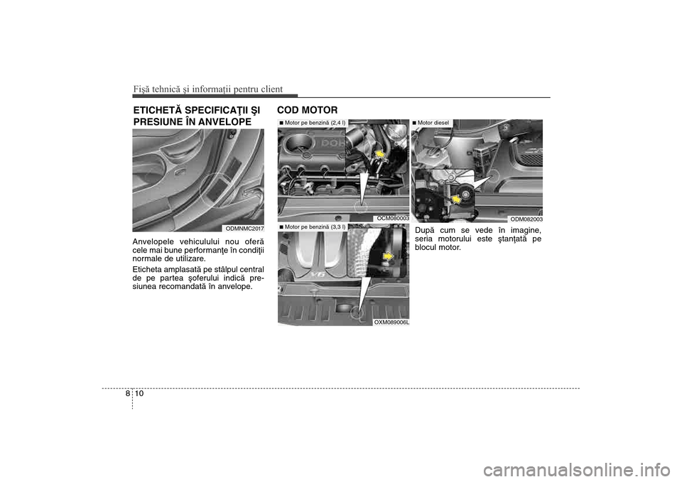 Hyundai Santa Fe 2013  Manualul de utilizare (in Romanian) Fişă tehnică şi informaţii pentru client10
8Anvelopele vehiculului nou oferã
cele mai bune performanþe în condiþii
normale de utilizare.
Eticheta amplasatã pe stâlpul central
de pe partea 