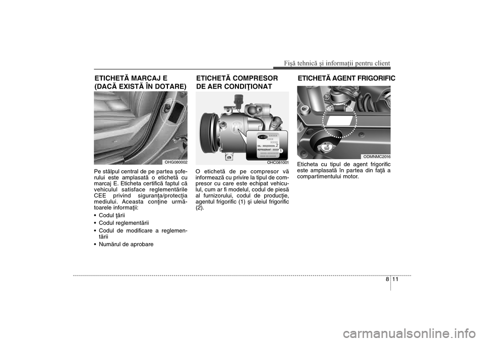 Hyundai Santa Fe 2013  Manualul de utilizare (in Romanian) 811
Fişă tehnică şi informaţii pentru client
Pe stâlpul central de pe partea ºofe-
rului este amplasatã o etichetã cu
marcaj E. Eticheta certificã faptul cã
vehiculul satisface reglementãr