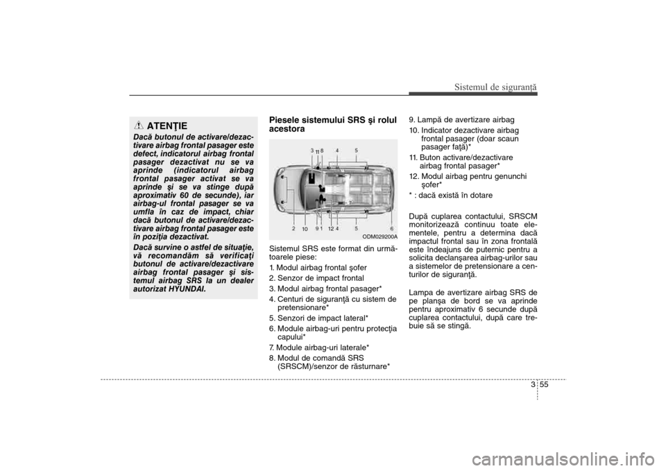 Hyundai Santa Fe 2013 Manualul de utilizare (in Romanian) 355
Sistemul de siguranţă
Piesele sistemului SRS ºi rolul
acestoraSistemul SRS este format din urmã-
toarele piese:
1. Modul airbag frontal ºofer
2. Senzor de impact frontal
3. Modul airbag front Hyundai Santa Fe 2013 Manualul de utilizare (in Romanian) 355
Sistemul de siguranţă
Piesele sistemului SRS ºi rolul
acestoraSistemul SRS este format din urmã-
toarele piese:
1. Modul airbag frontal ºofer
2. Senzor de impact frontal
3. Modul airbag front