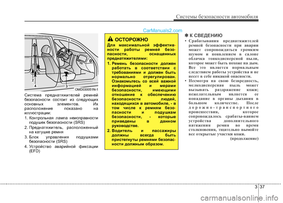 Hyundai Santa Fe 2013  Инструкция по эксплуатации (in Russian) 337
Системы безопасности автомобиля
Система преднатяжителей ремней 
безопасности состоит из следующих
основ