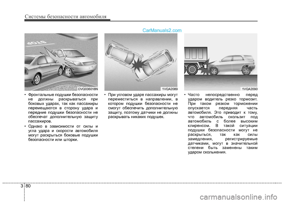 Hyundai Santa Fe 2013  Инструкция по эксплуатации (in Russian) Системы безопасности автомобиля
80
3
• Фронтальные подушки безопасности
не должны раскрываться при 
боковых 
