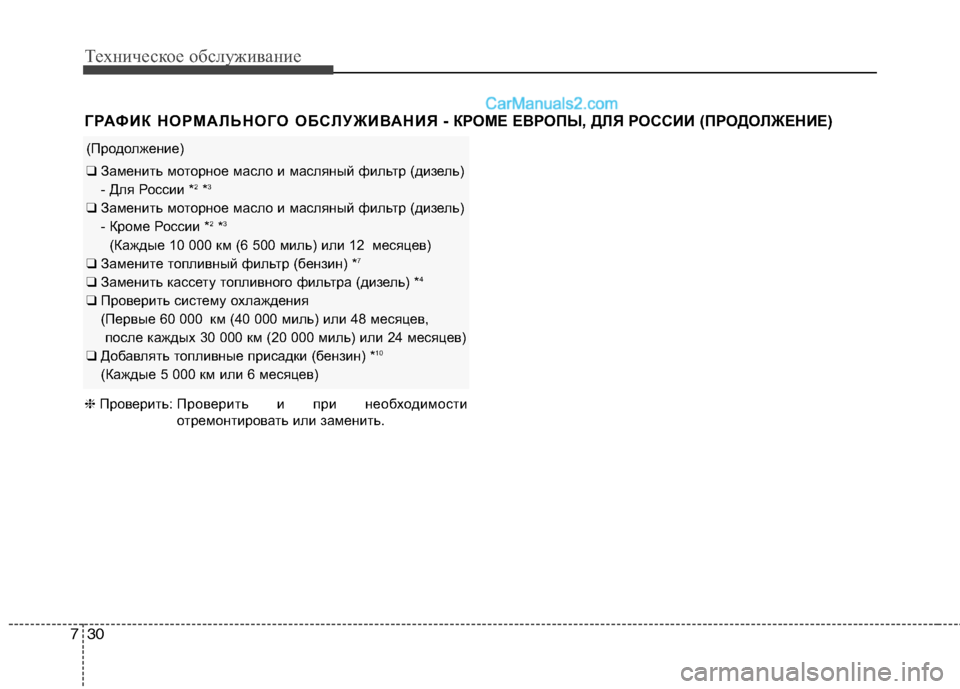 Hyundai Santa Fe 2013  Инструкция по эксплуатации (in Russian) Техническое обслуживание
30
7
(Продолжение)
❑  Заменить моторное масло и масляный фильтр (дизель)  
- Для России 