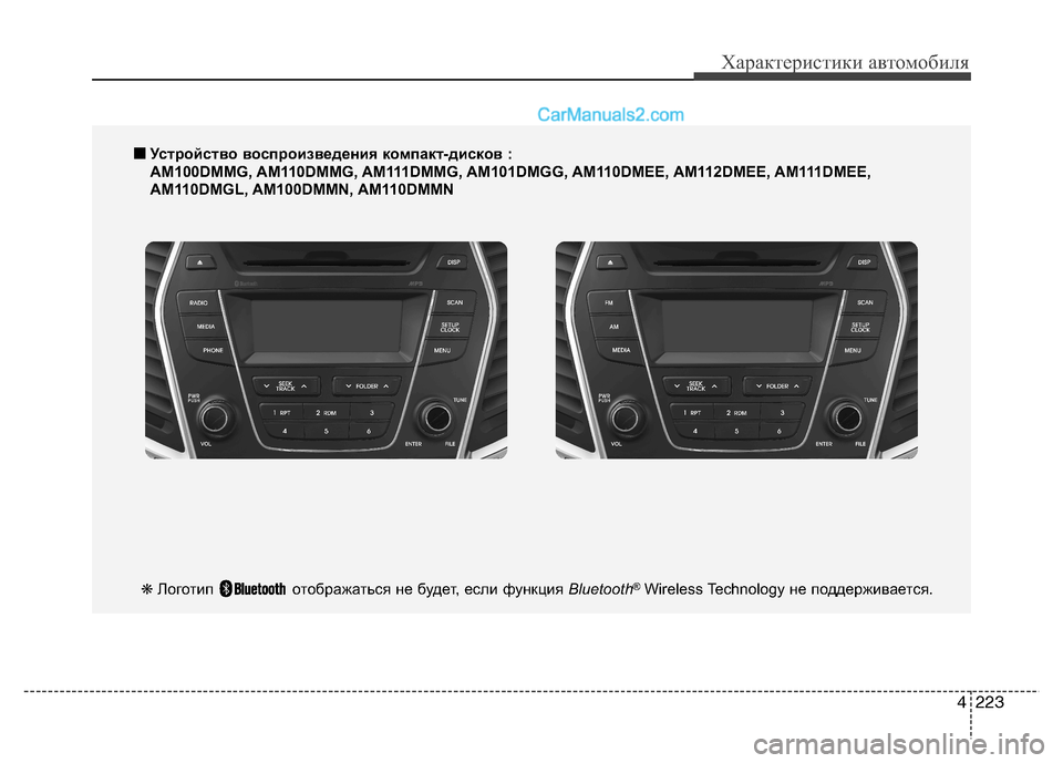 Hyundai Santa Fe 2013  Инструкция по эксплуатации (in Russian) 4223
Характеристики автомобиля
■■Устройство воспроизведения компакт-дисков :  
AM100DMMG, AM110DMMG, AM111DMMG, AM101DMGG, AM110DMEE, 
