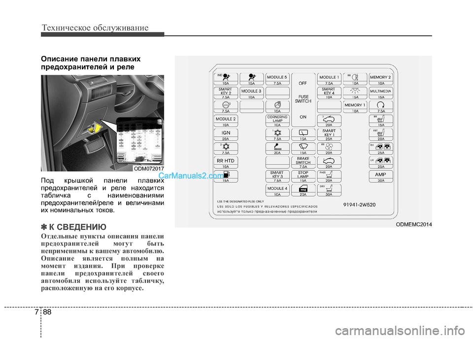 Hyundai Santa Fe 2013  Инструкция по эксплуатации (in Russian) Техническое обслуживание
88
7
Описание панели плавких 
предохранителей и реле 
Под крышкой панели плавких 
пре