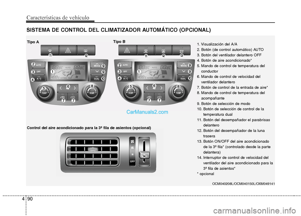 Hyundai Santa Fe 2012  Manual del propietario (in Spanish) Características de vehículo
90 4
SISTEMA DE CONTROL DEL CLIMATIZADOR AUTOMÁTICO (OPCIONAL)
OCM040208L/OCM040150L/OXM049141
Tipo ATipo B
Control del aire acondicionado para la 3ª fila de asientos (