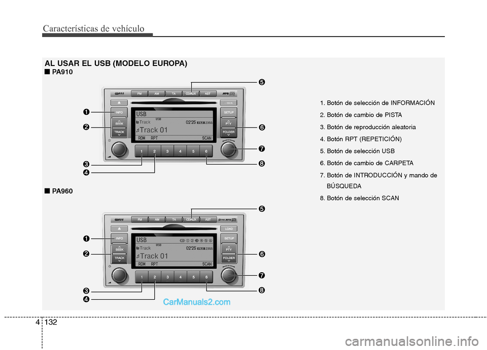 Hyundai Santa Fe 2012  Manual del propietario (in Spanish) Características de vehículo
132 4
AL USAR EL USB (MODELO EUROPA)
■ ■ 
 
PA910
■ ■ 
 
PA960
1. Botón de selección de INFORMACIÓN
2. Botón de cambio de PISTA
3. Botón de reproducción ale